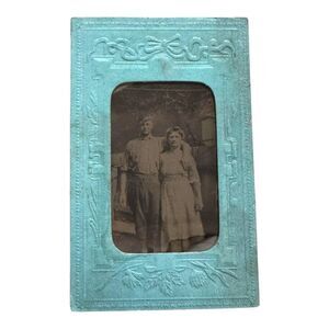 Antique Photo Embossed Blue Tintype Frame Vtg Portrait Boy Girl courting Couple